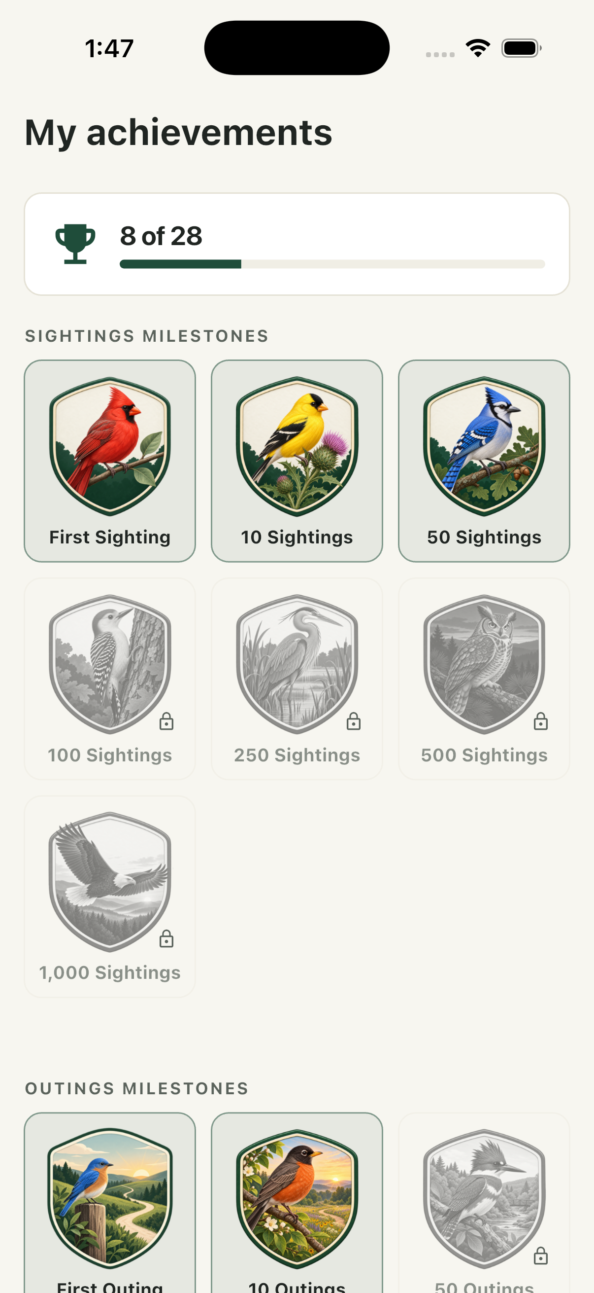 Achievements screen with earned and locked illustrated badges.