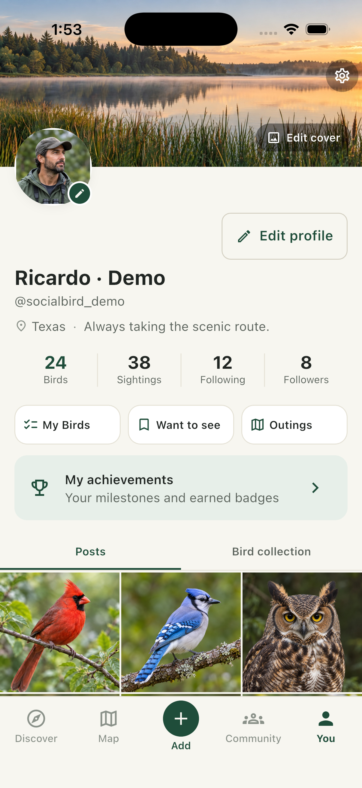 A birder's profile with stats, collections, and posts.